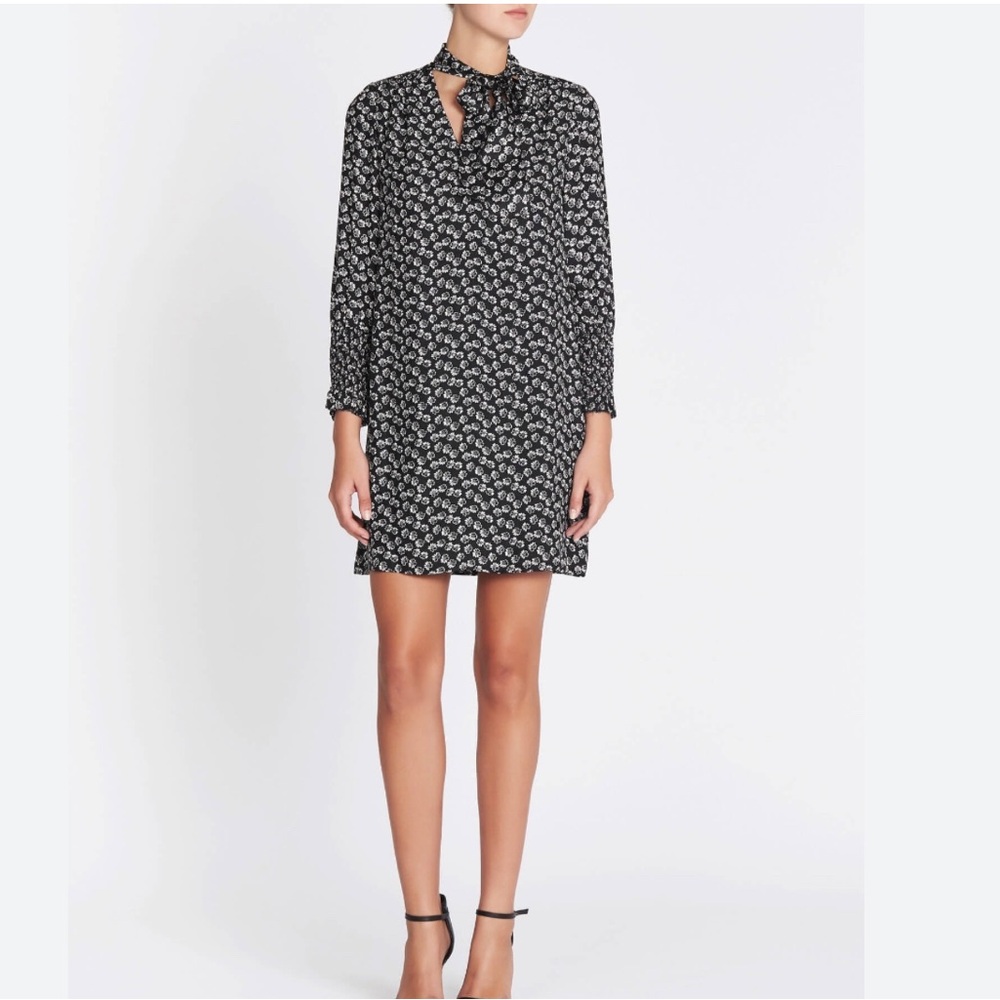 NWT Rebecca Taylor Rue Floral Print Scarf Tie Dress Sz 4 Black Smock Long Sleeve